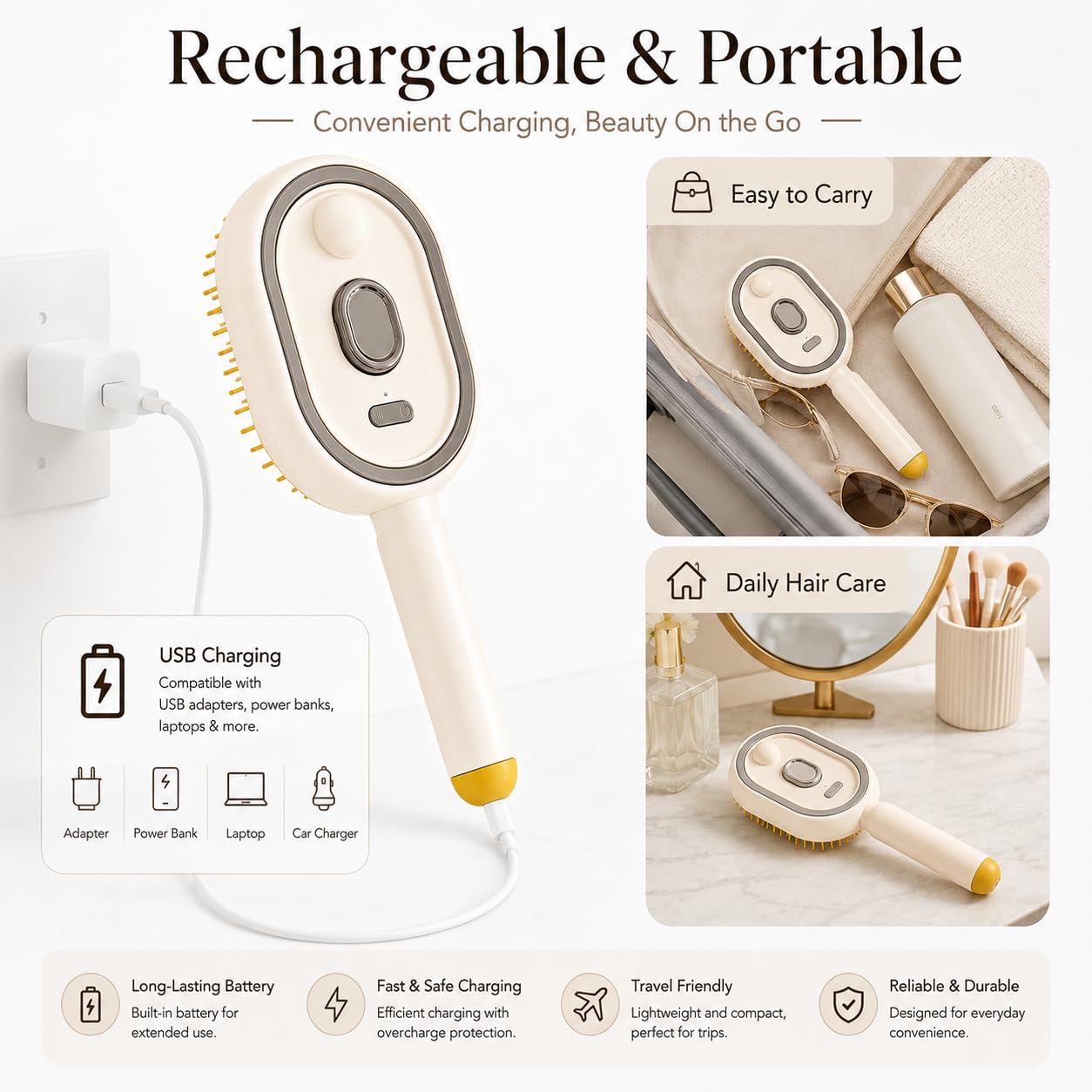 Electric Spray Air Cushion Massage Comb, Rechargeable Mist Hair Brush with Easy-Clean Design, Detangling Hair Comb for Daily Styling, Smooth Grooming, Travel Hair Care