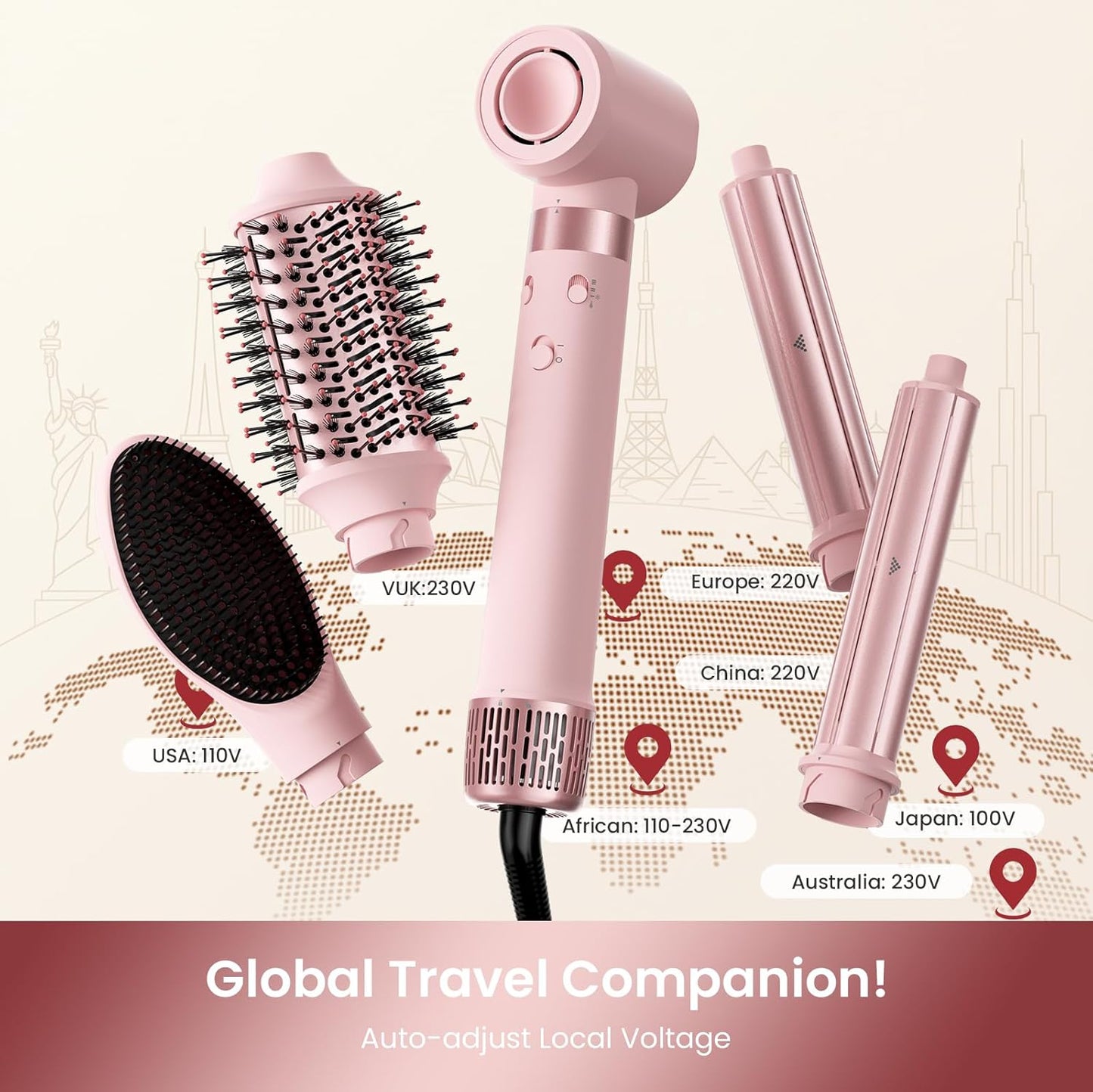 Dual Voltage Hair Dryer Brush - 5 in 1 Hot Air Styler with Auto Wrap Curlers | Fast Drying, Volumizing, Peach Pink