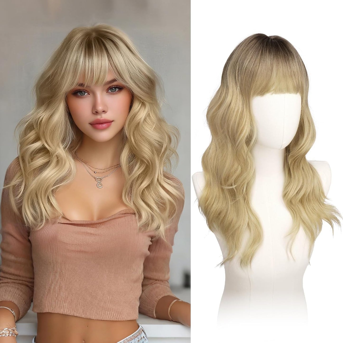Brown Wigs with Bangs - 20 Inch Soft Wavy Synthetic Heat-Resistant Hair Wig for Women | Natural Look, Perfect for Daily Wear