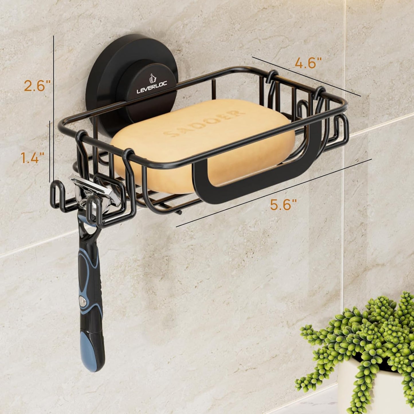 LEVERLOC Bar Soap Holder - Rustproof Stainless Steel Shower Soap Dish with Hooks | Black