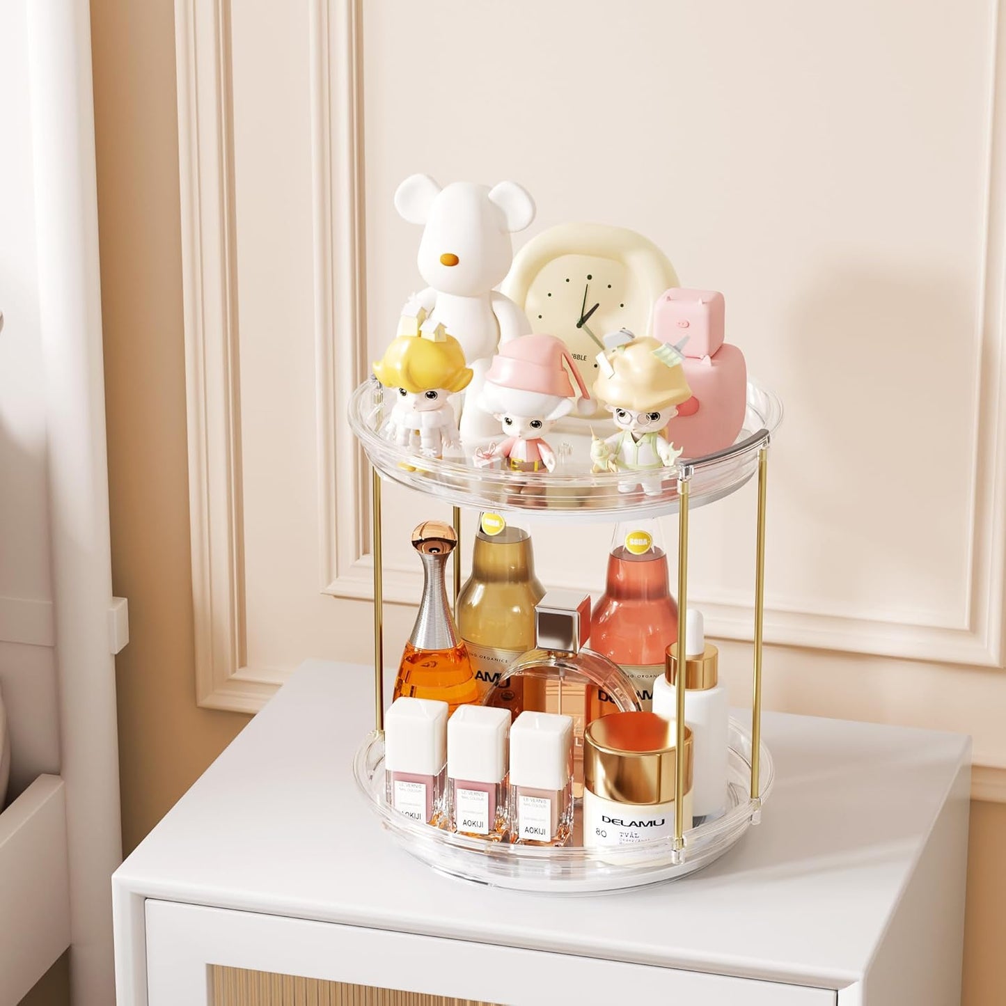 Rotating Makeup Organizer - 2 Tier Stackable Vanity Storage | Clear Skincare & Perfume Holder