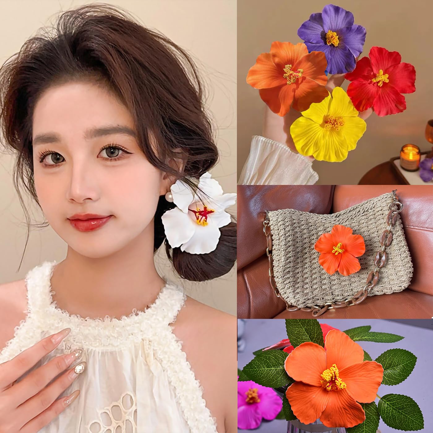 Hawaiian Hair Clips - 5PCS Artificial Flower Plumeria Claw Clips for Wedding & Beach Party | Hibiscus Design