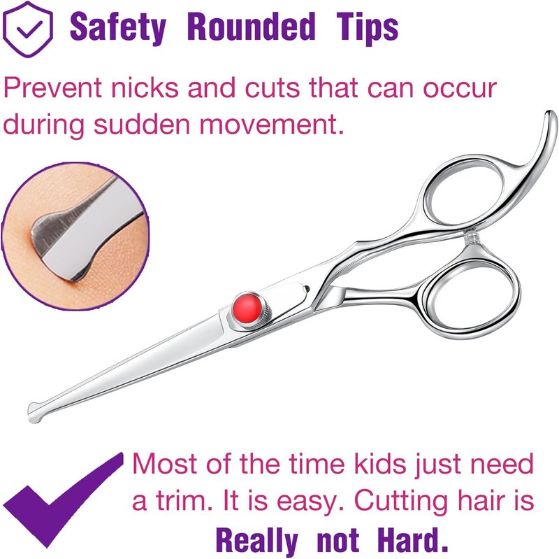 Kids Hair Cutting Scissors - Safety Rounded Tips Stainless Steel Shears for Children | 6-Inch Silver Design