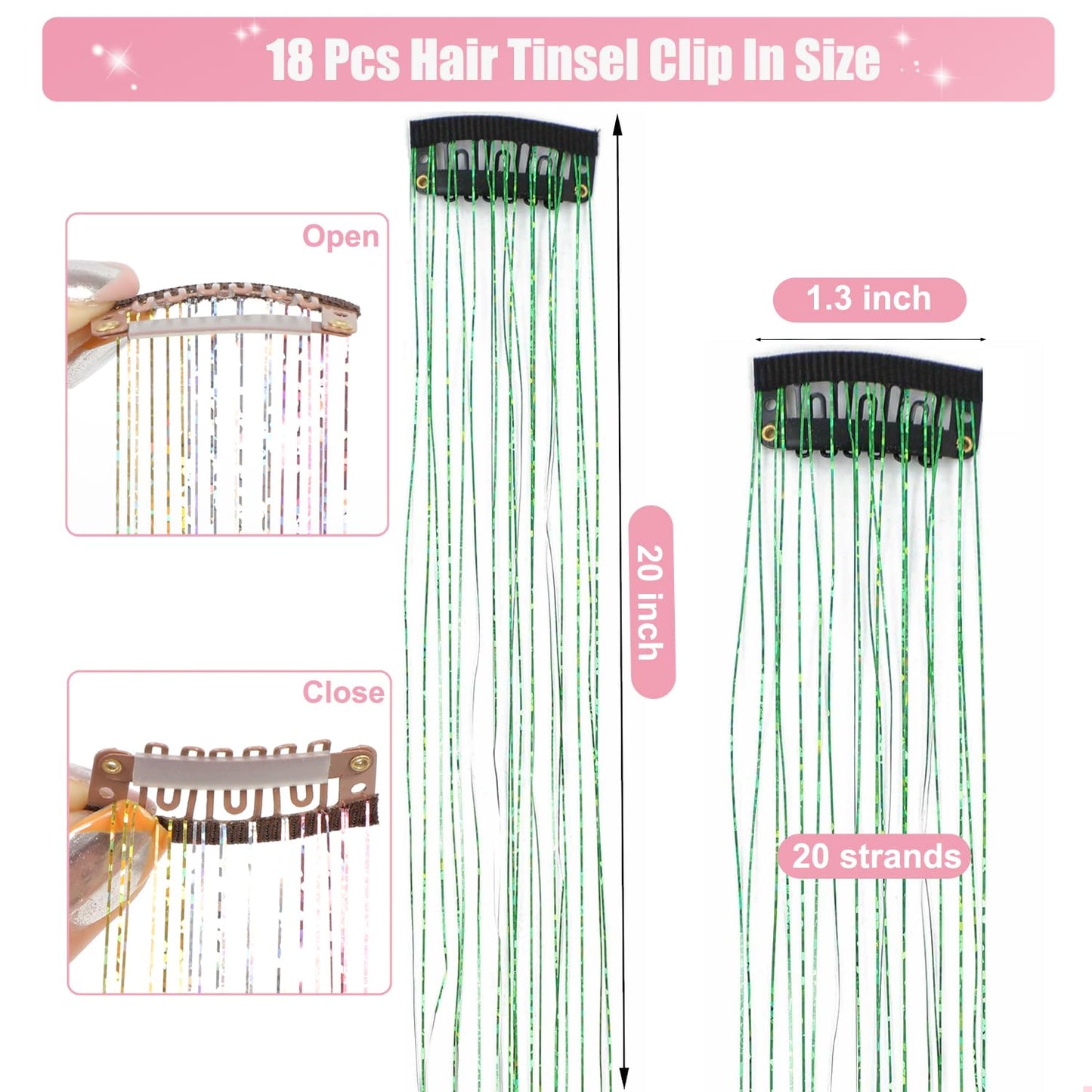Aokomisu Hair Tinsel Pack of 18 Pcs Hair Tinsel Clip in 20 Inch Clip in Hair Tinsel Kit Glitter Tinsel Hair Extensions Fairy Dazzle Hair Accessories for Girls Kids Women (Green)