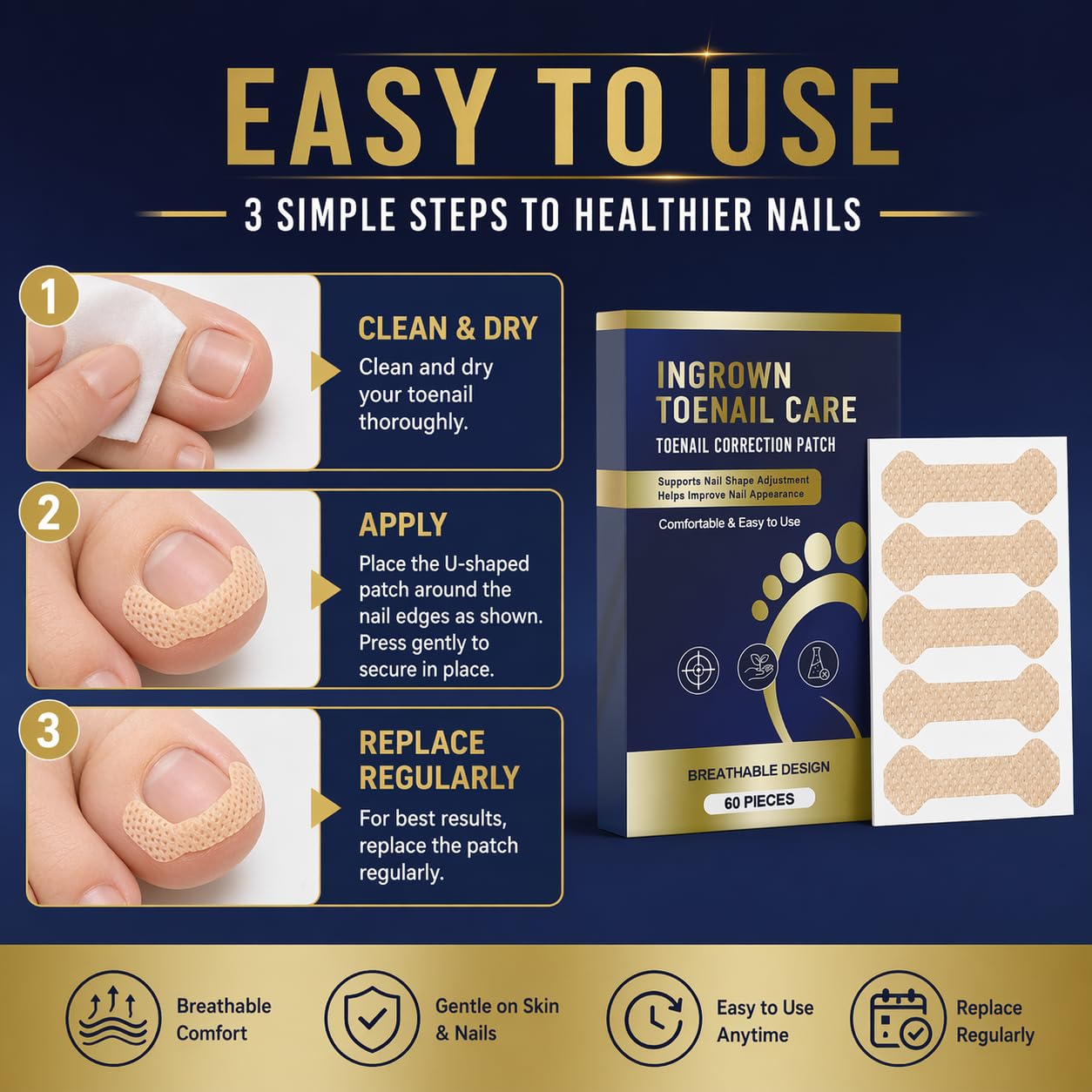 Ingrown Toenail Treatment, 60 Pcs Breathable Ingrown Toenail Strips, Gentle Toenail Support Patches for At-Home Pedicure and Daily Foot Care, Toenail Corrector Patch, 60 Count