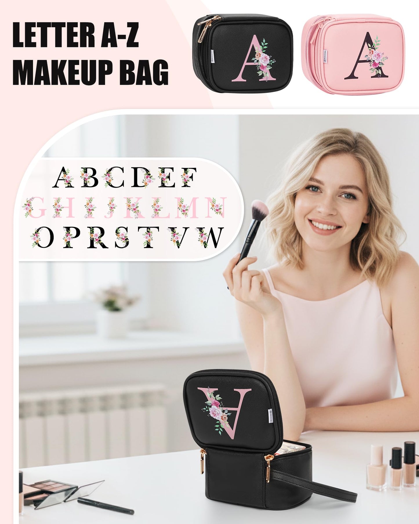 Relavel Initial Makeup Bag with Led Mirror, Mini Make Up Bag for Women Girls, Personalized Cosmetic Bag with Adjustable Brightness, Rechargeable Pink Make Up Bags Pouch for Birthday Gift - Black D
