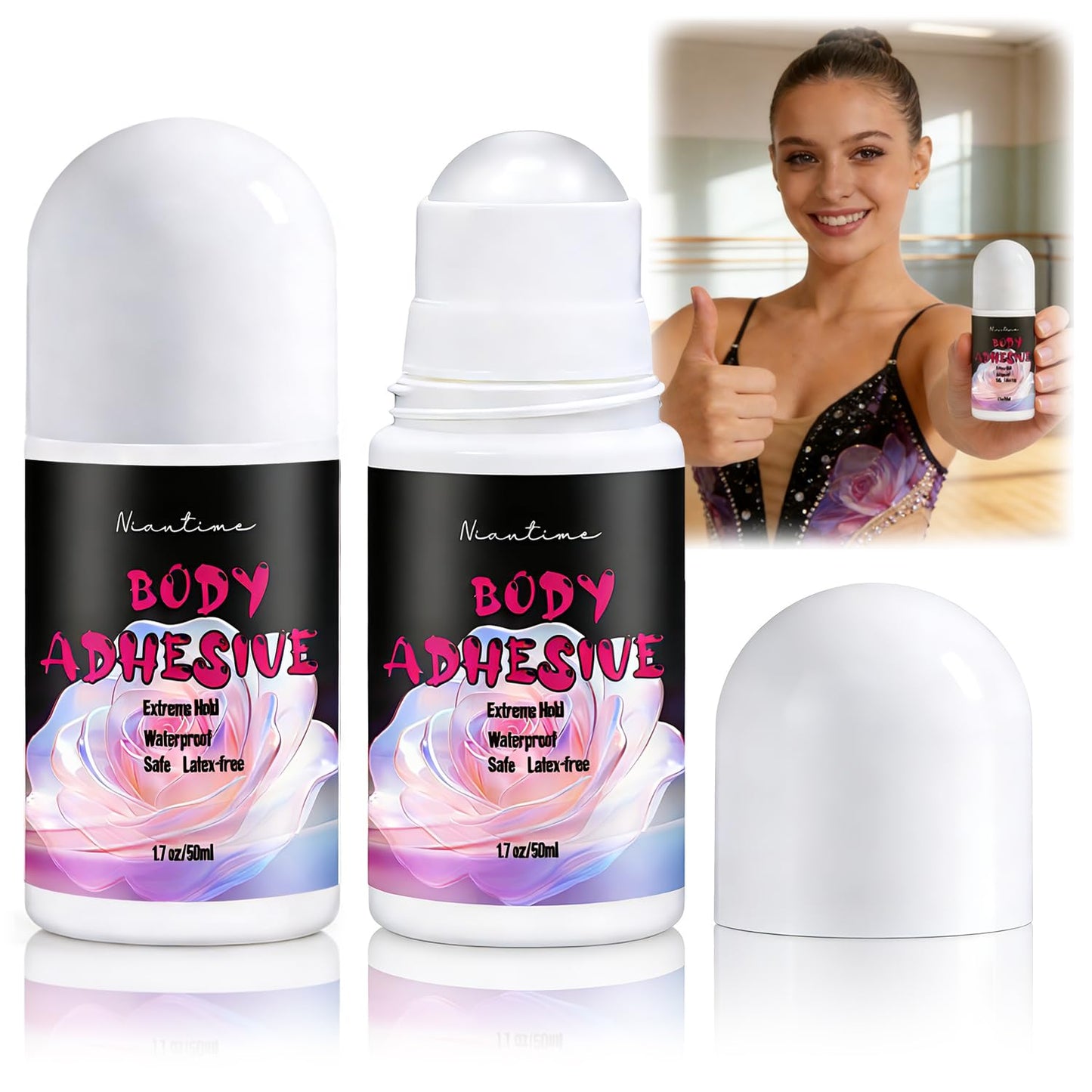 Body Adhesive Roll-On | 2 Packs 1.7 Oz - Sweat Resistant & Water Wash Off for Dancers, Costumes, Socks, Wigs