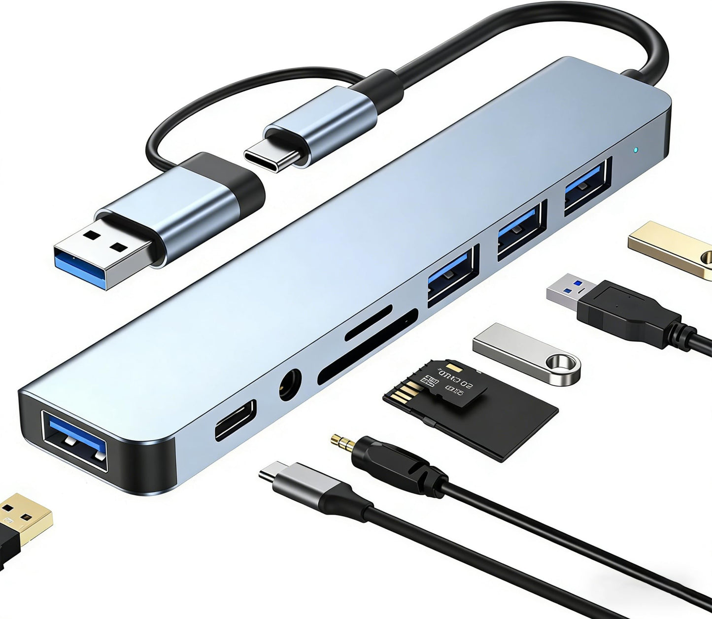 USB C Hub 3.0 Multiport Adapter with SD Card Reader Audio Jack 8 in 1 USB Extender Adapter for USB-C Laptops PC Tablet, 8in1