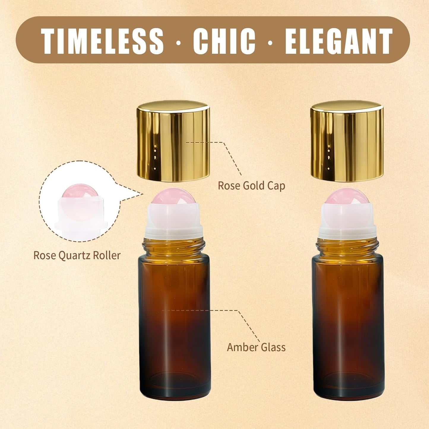 Rose Quartz Roller Bottles - 50ml Refillable Amber Glass | Leak-Proof Essential Oil Travel Containers with Natural Crystal Balls
