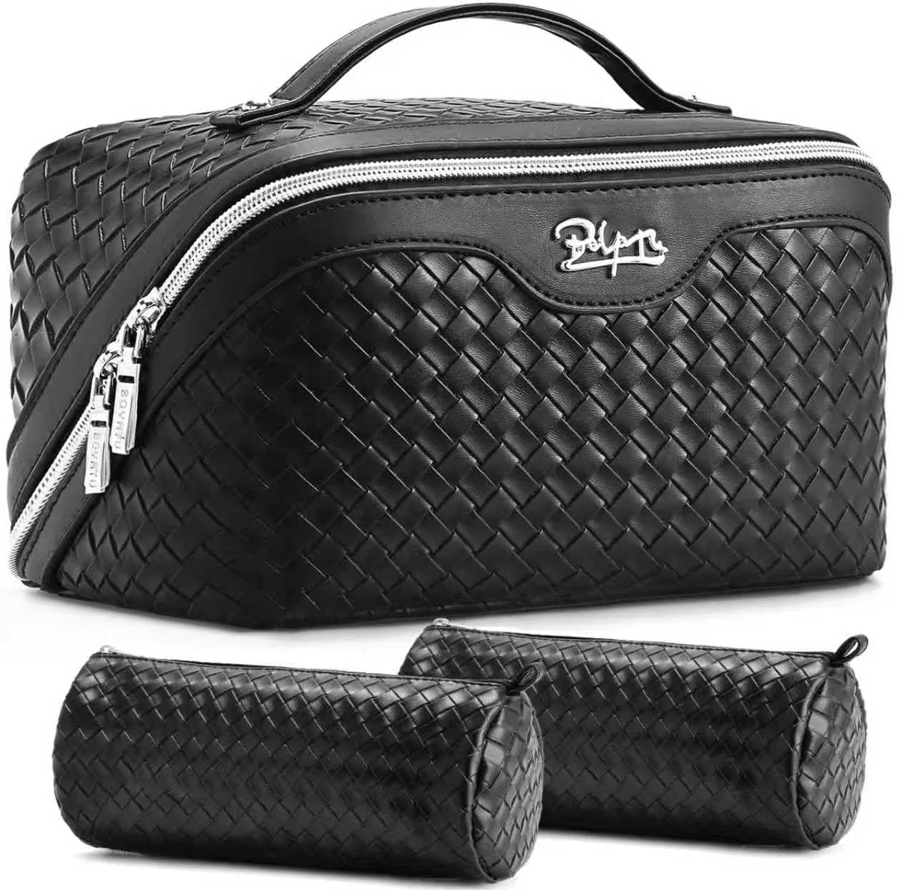 Travel Makeup Bags for Women - 3-Piece Vegan Leather Set | Waterproof Toiletry Organizer (L05 Black)