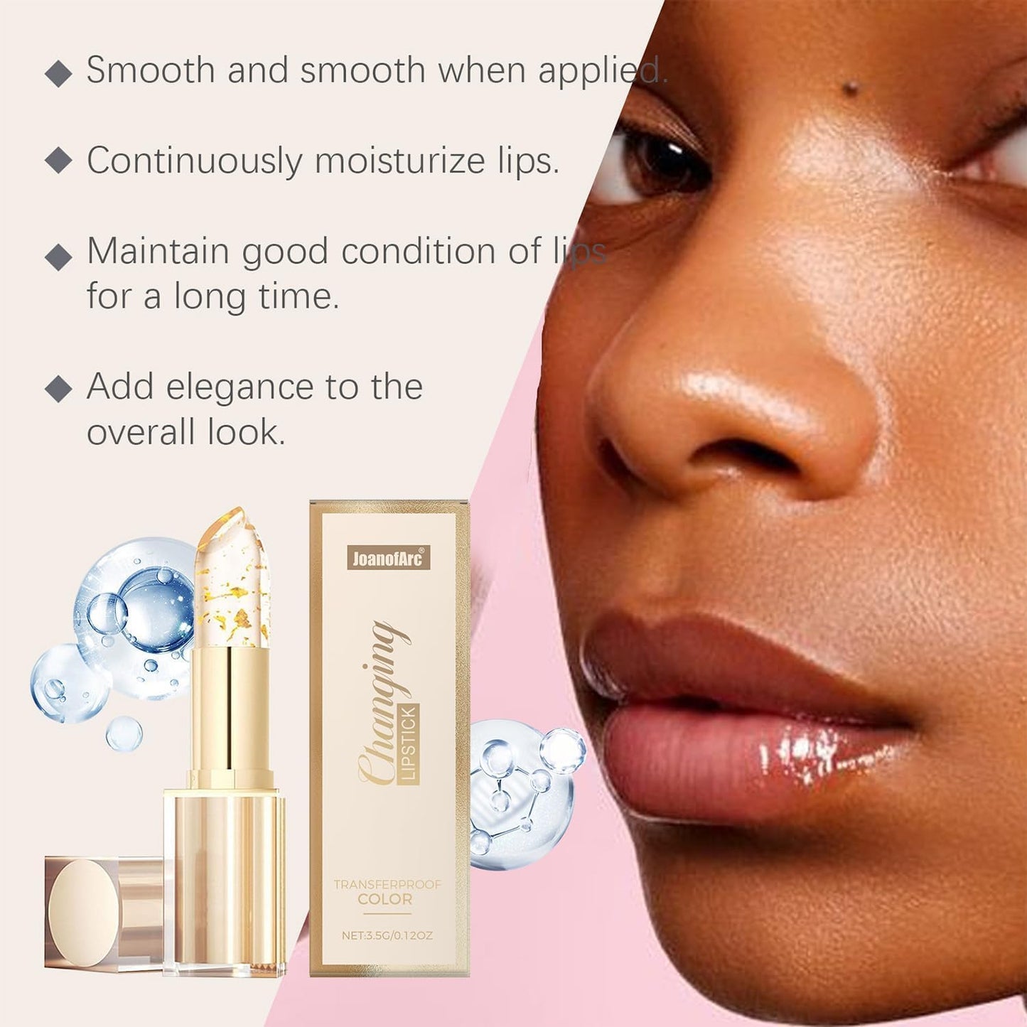 Gold Crystal pH Color Changing Lipstick - Transfer-Proof & Long Lasting 24H Moisturizing Lip Gloss | Clear to Pink, 1pc (Golden)