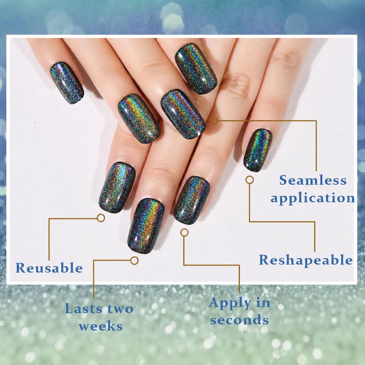 Black Chrome Metallic Cat Eye Press-On Nails - Medium Square | Iridescent Glitter Halloween Design