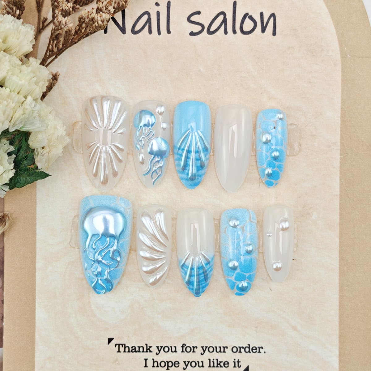30Pcs Summer Beach Press on Nails Medium Almond Fake Nails 3D Blue Jellyfish with Rhinestones Glitter Designs Full Cover French Tip Stick on Nails Ocean False Nails for Women Girls Acrylic Nail Art