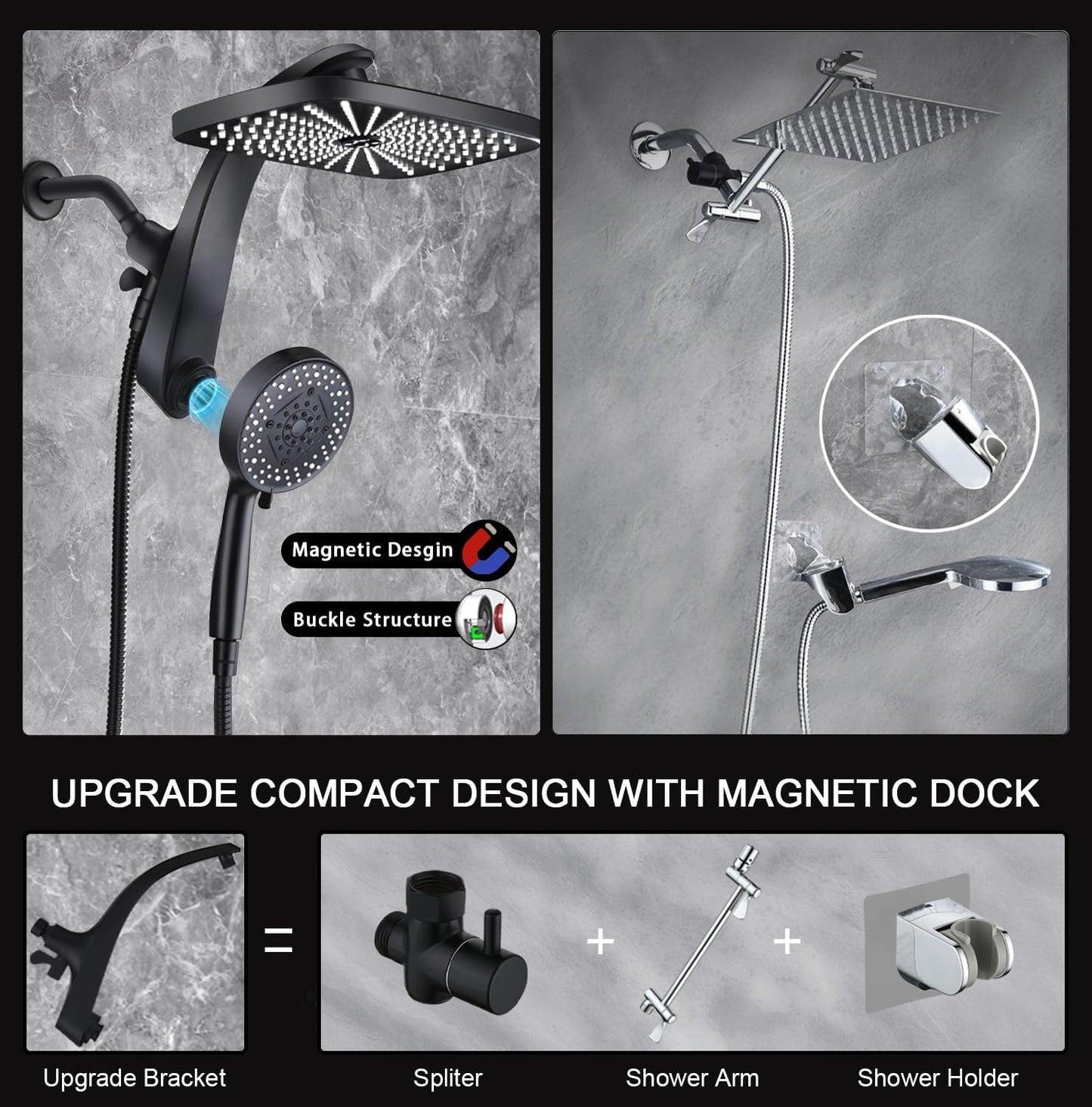 Rain Shower Head with Handheld - High Pressure 12" Rainfall & 9 Spray Options | Magnetic Docking, Black