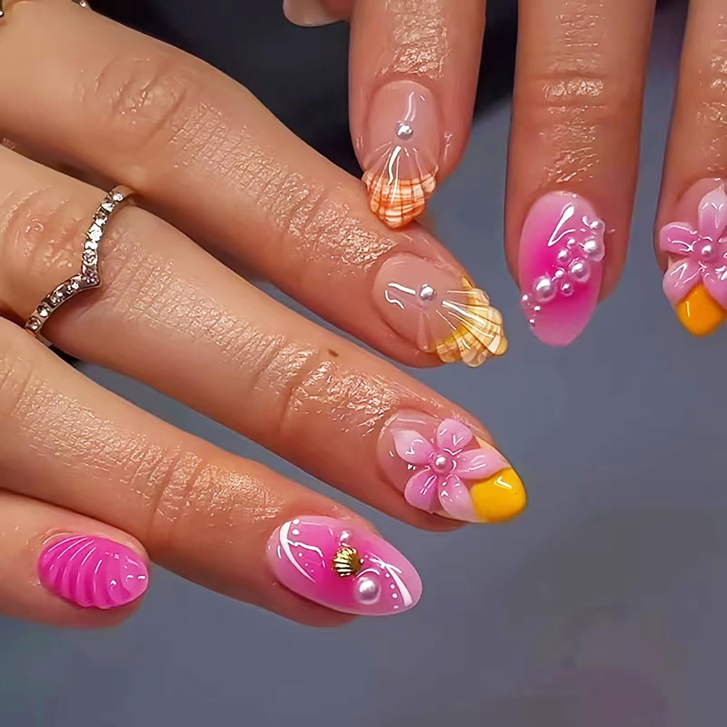 30Pcs Summer Beach Press-On Nails - Medium Almond French Tip with 3D Pearl Seashell Designs | Ocean-Inspired Acrylic Nails for Women