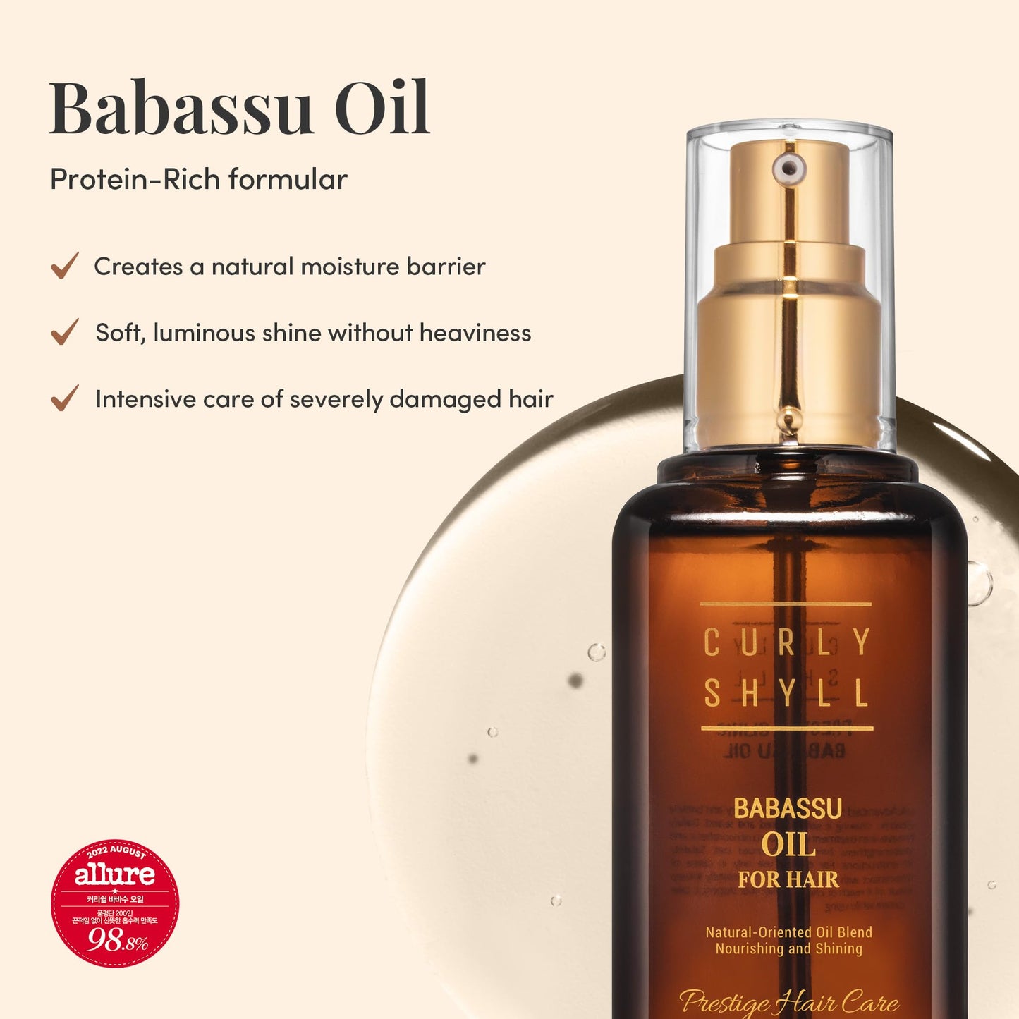 CURLYSHYLL Babassu Hair Oil, Lightweight Non-Greasy Oil for Dry or Frizzy Hair, Weightless Natural Shine & Smooth Finish, Suitable for Fine Hair, 100ml