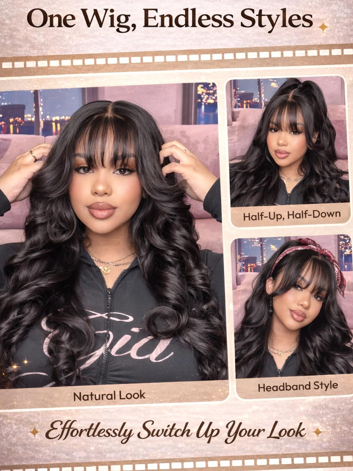 UNICE Body Wave Human Hair Wig with Wispy Bangs, Glueless 7x5 Lace Front Wig Pre Cut Pre Plucked Bleached Knots, Beginner Friendly Ready to Wear Drawstring Wig, Natural Black 180% Density 22 Inch