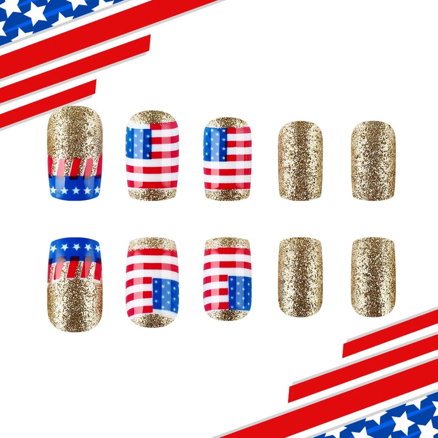 Press On Nails - Medium Square American Flag Glitter Design | 24Pcs Red, Blue & Gold 4th of July Fake Nails