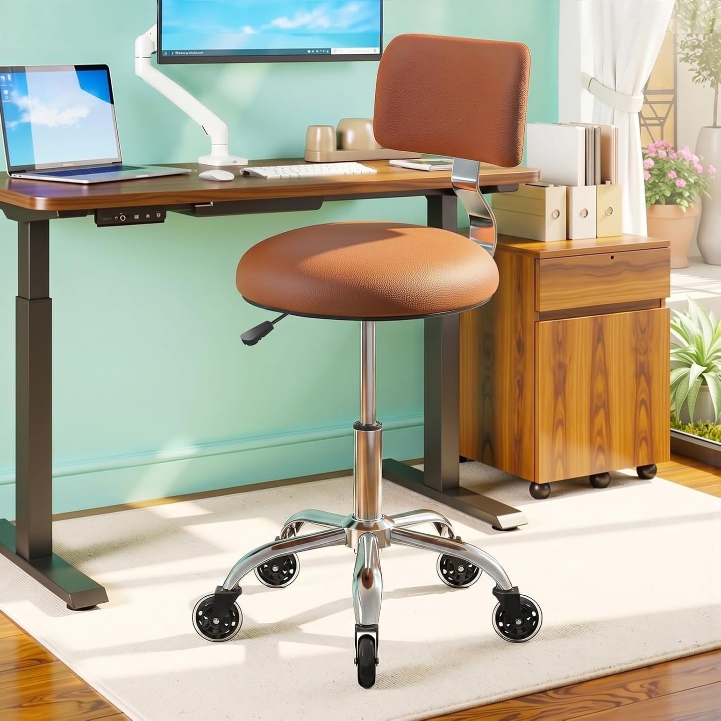 Rolling Stool Chair - Height Adjustable Office Drafting Chair with Back Support | PU Leather Cushion, Camel Color