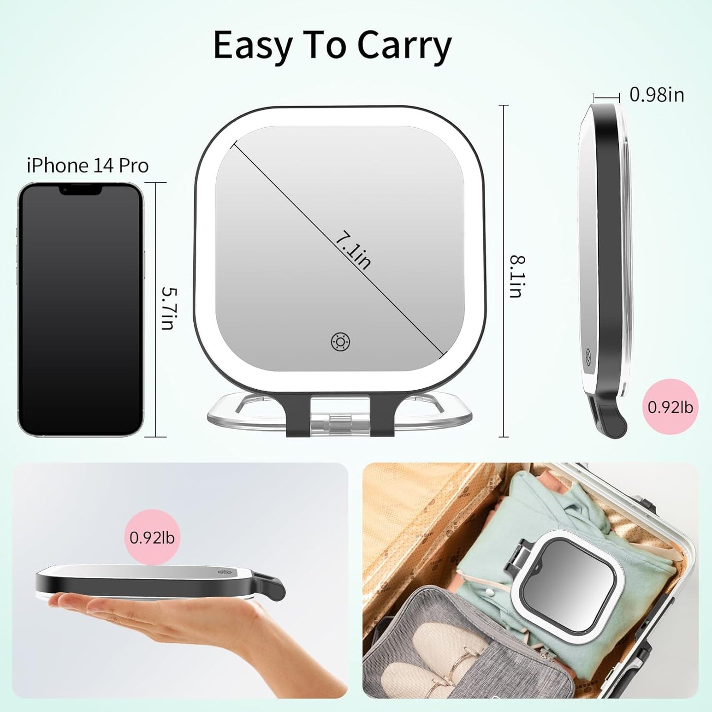 Rechargeable Travel Makeup Mirror - 30X Magnification, 7" Lighted Vanity Mirror with 3 Color Lighting & Dimming | Black