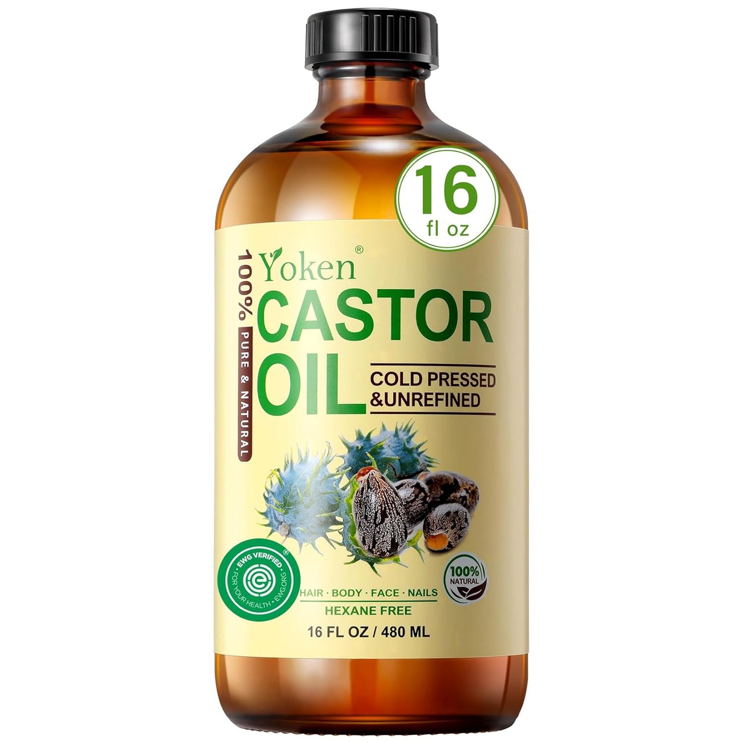Yoken Castor Oil - 100% Pure Cold Pressed Hexane-Free Oil for Skin, Hair & Body | 32 fl oz Glass Bottle with Pump
