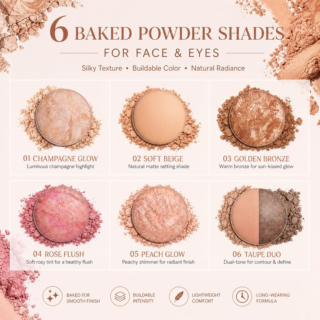 Baked Makeup Palette - All-in-One Eyeshadow, Blush & Highlighter | 6 Neutral Warm Tones, Travel-Friendly Compact