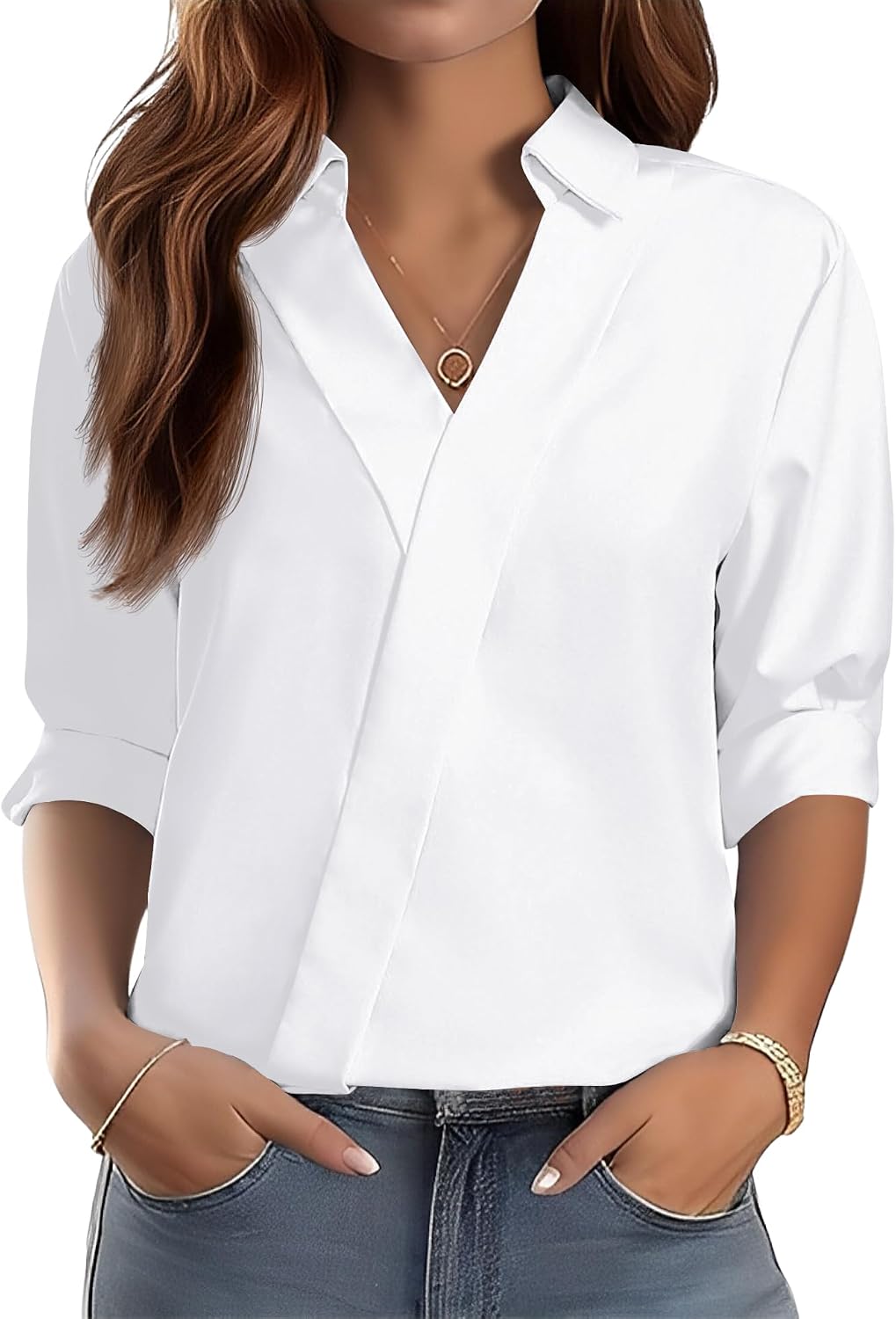 3/4 Length Sleeve Women's Dressy V-Neck Collared Tops - Trendy Business Casual Blouses for Work & Vacation
