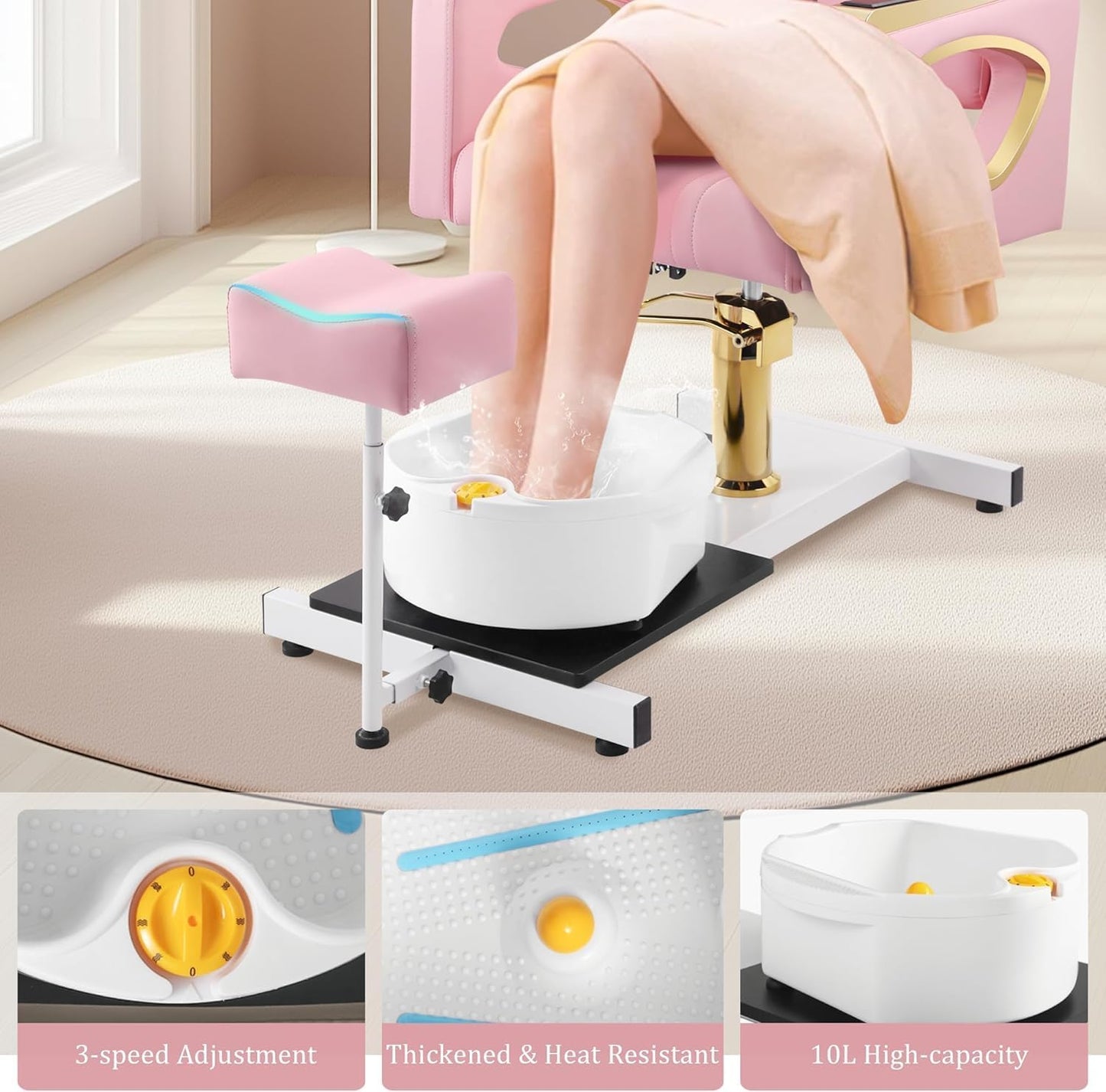 Pink Spa Pedicure Chair - No Plumbing, Portable 360° Rolling Stool | Nail Tech Beauty Salon Equipment