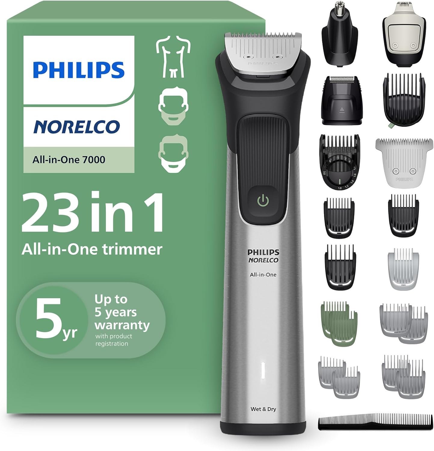 Philips Multigroom 7000 Series - All-in-One Beard & Hair Trimmer | 19-Piece Men's Grooming Kit with Soft Pouch, MG7910/49