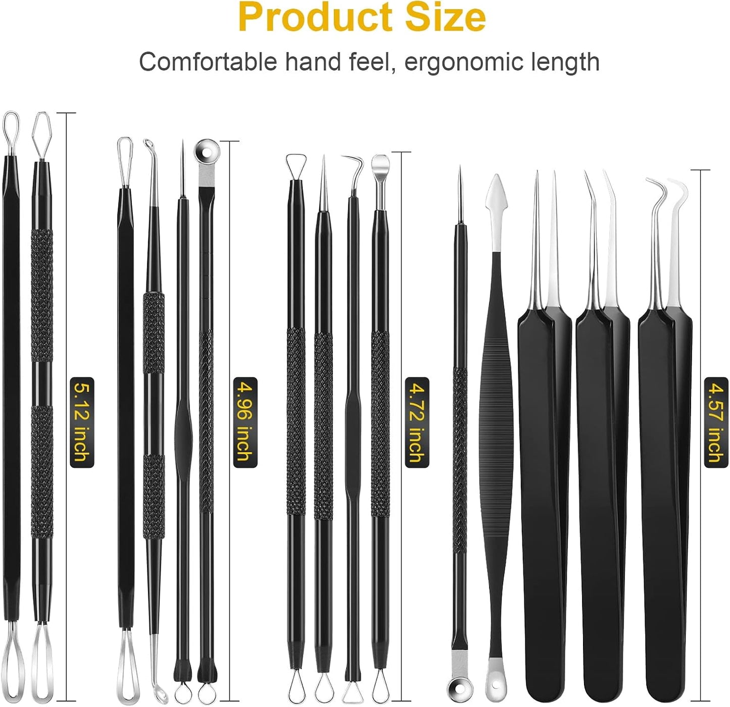 Pimple Popper Tool Kit - 15 PCS Professional Stainless Steel Blackhead Remover Set | Acne Extraction Tools with Metal Case (Black)