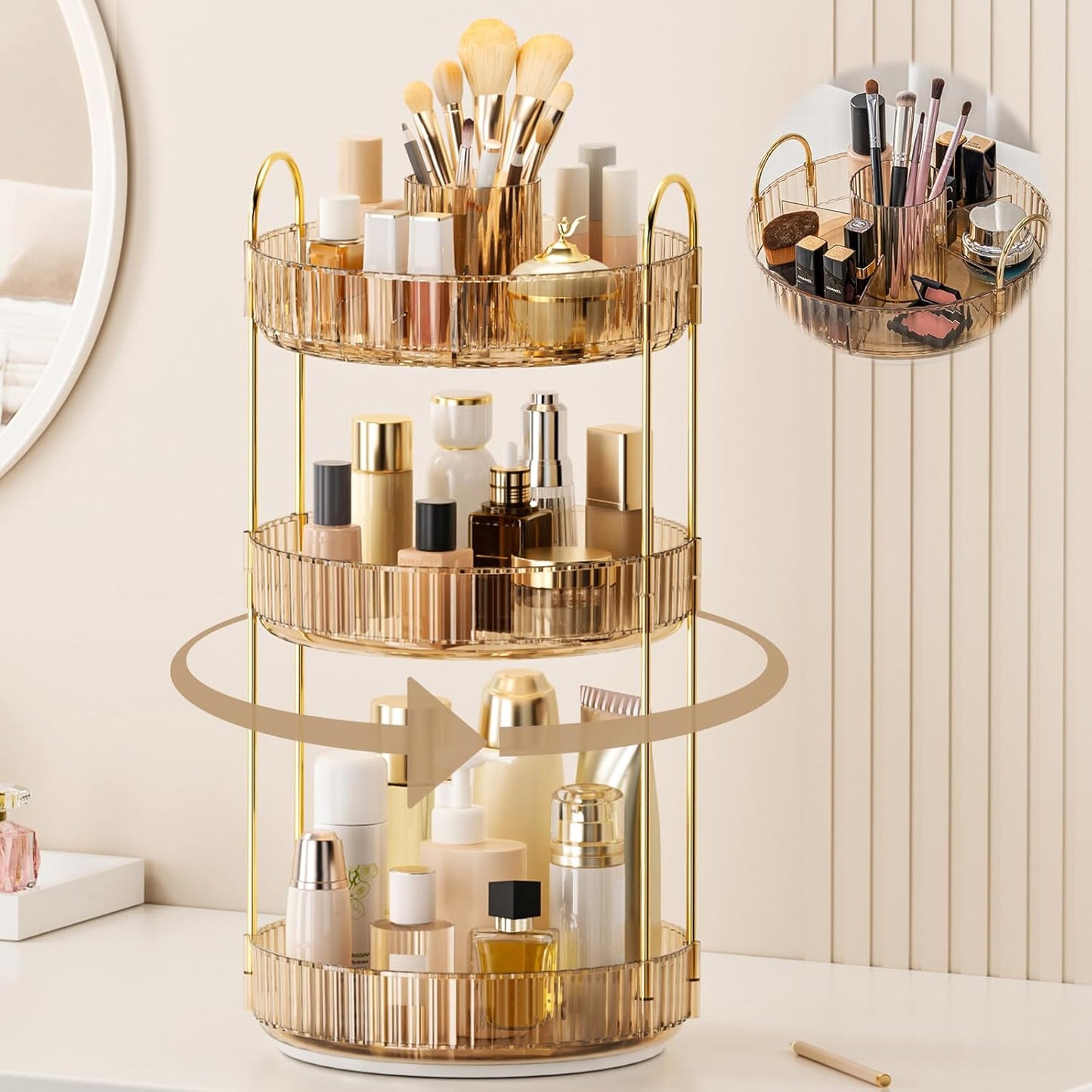 360° Rotating Makeup Organizer - Upgraded 3-Tier Skincare & Perfume Storage | Clear Dresser Organizer with Brush Holder (Amber)
