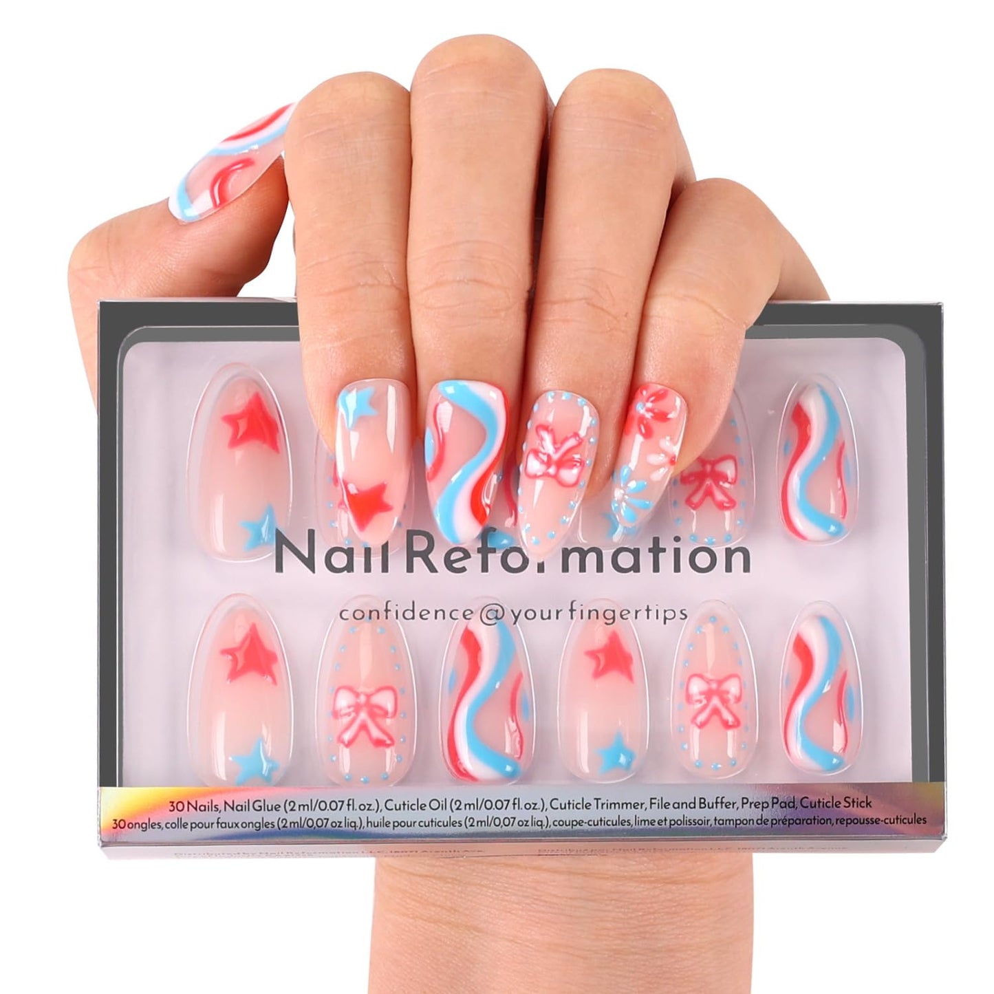 Press On Nails - Strawberry Seed Milky Pink Almond Fake Nails with Red Polka Dot French Tip | Glossy Reusable 32 Pcs in 16 Sizes - Perfect Manicure Gifts for Women