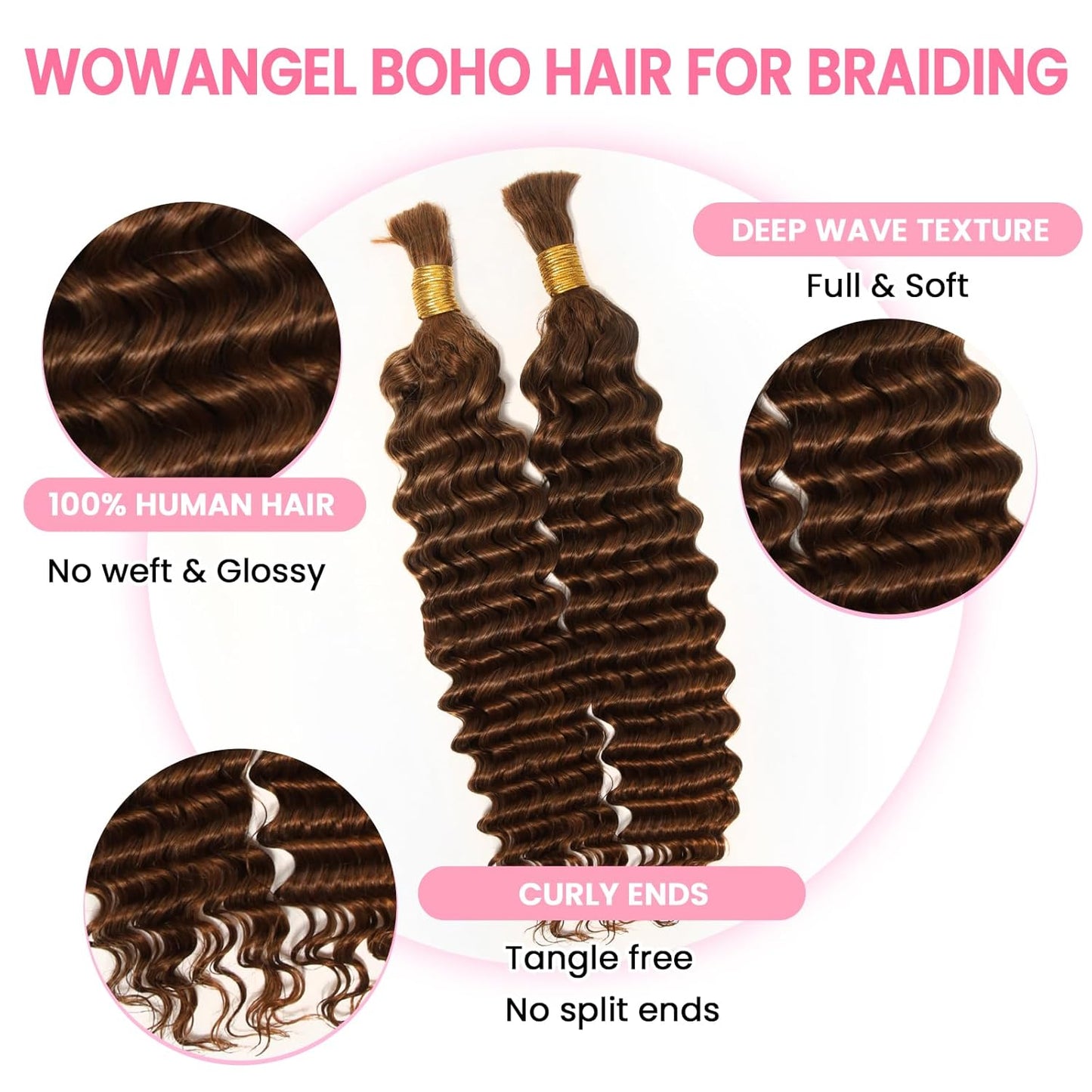 Human Braiding Hair - 100% Unprocessed Brazilian Virgin Hair, Deep Wave Knotless Bohemian Bundles | 16 Inch, Auburn Brown (30)