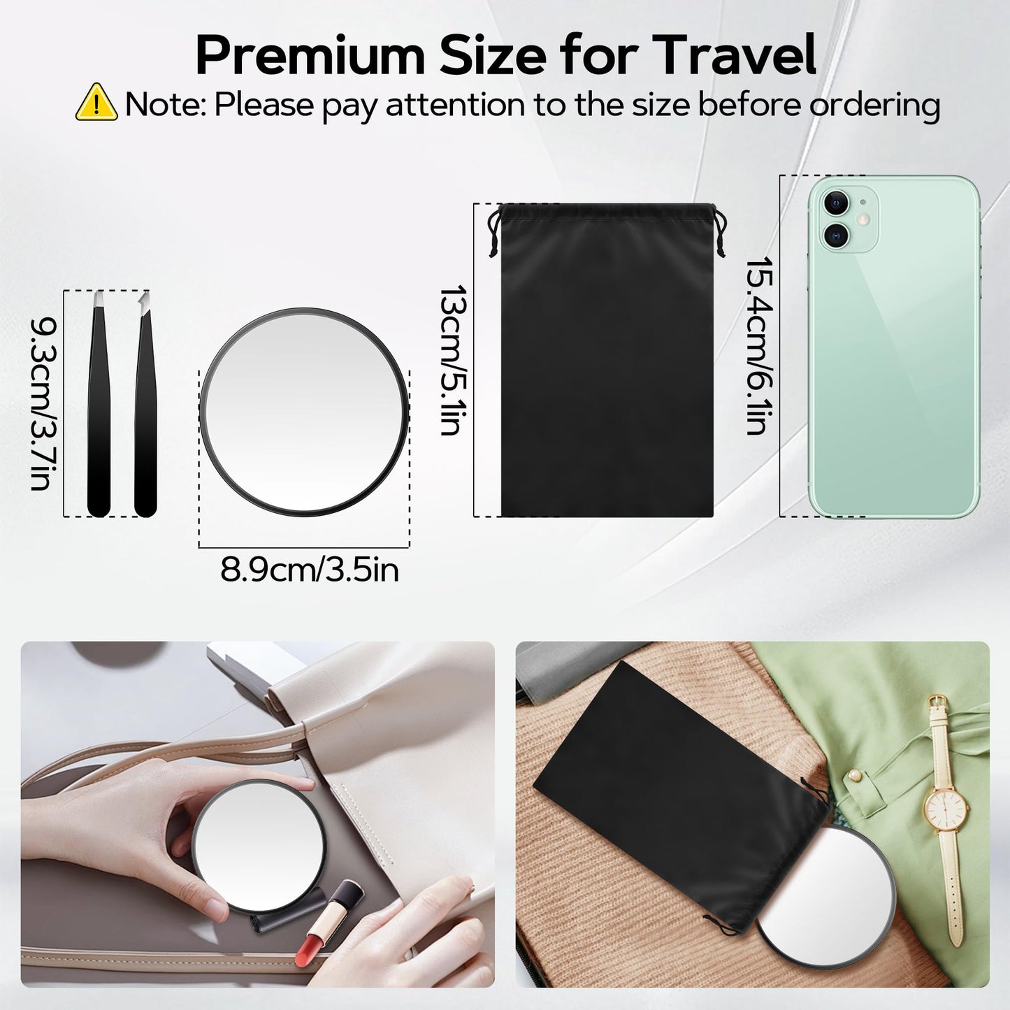 MIYADIVA Magnifying Mirror Set, 20x&30x&40x Suction Cup Makeup Mirror, 2 Tweezers & Storage Bag, 3.5 Inch Compact Mirror for Travel, Bathroom, Home, Gifts for Women