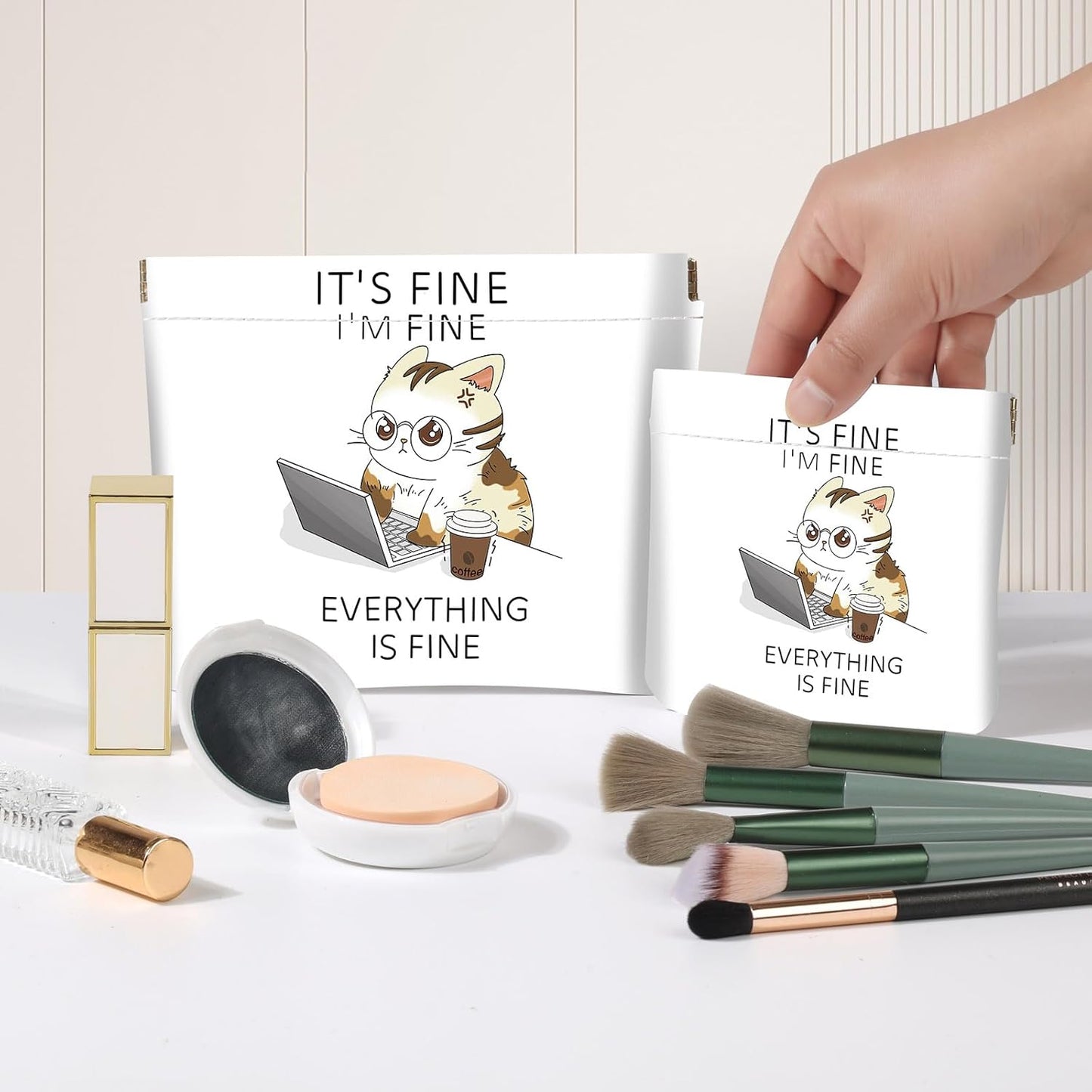 Makeup Bag Set - 2 PCS PU Leather Self-Closing Cosmetic Organizer | Portable Travel Pouch for Women - Angry Cat Design