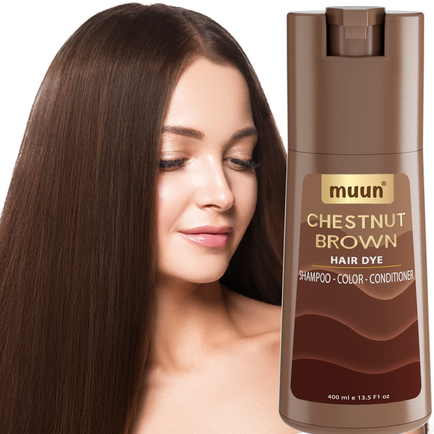 Muun Chestnut Brown Hair Dye Shampoo - 3-In-1 Ammonia Free Hair Color Shampoo for Gray Hair Coverage for Women and Men in minutes with Herbal Natural Ingredients 400ml