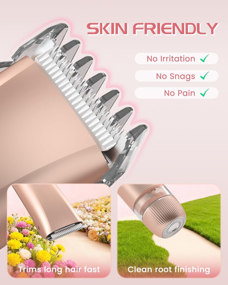 Bikini Trimmer for Women, Painless Dual Head Shaver for Sensitive Skin, IPX7 Waterproof for Safe Shower, USB-C, Detachable Head, Portable 2 in 1 Electric Razors for Pubic Hair, Rose Gold