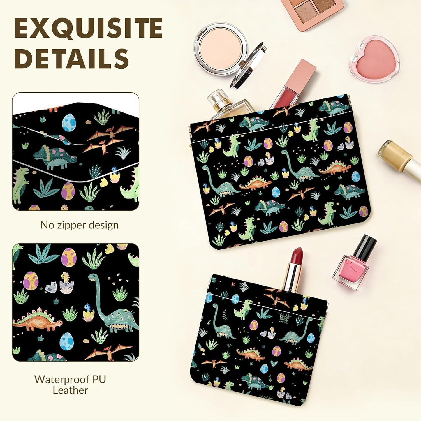 Makeup Bag Set - 2 PCS PU Leather Self-Closing Cosmetic Pouches | Portable Travel Organizer for Women - Dinosaur Design