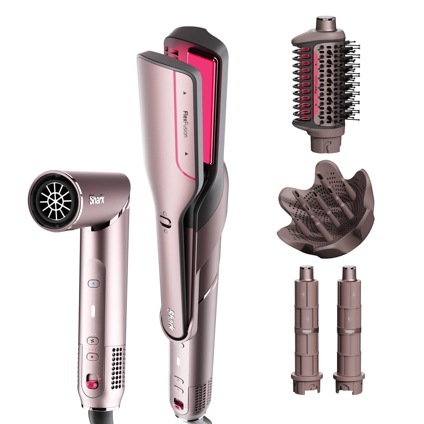 Shark FlexFusion Hair Straightener & Powerful Dryer with Diffuser, Fusion Hair Brush, Ceramic Air Styler with Auto-Wrap Curlers, Ceramic Plates, Cosmic Blush HD642S
