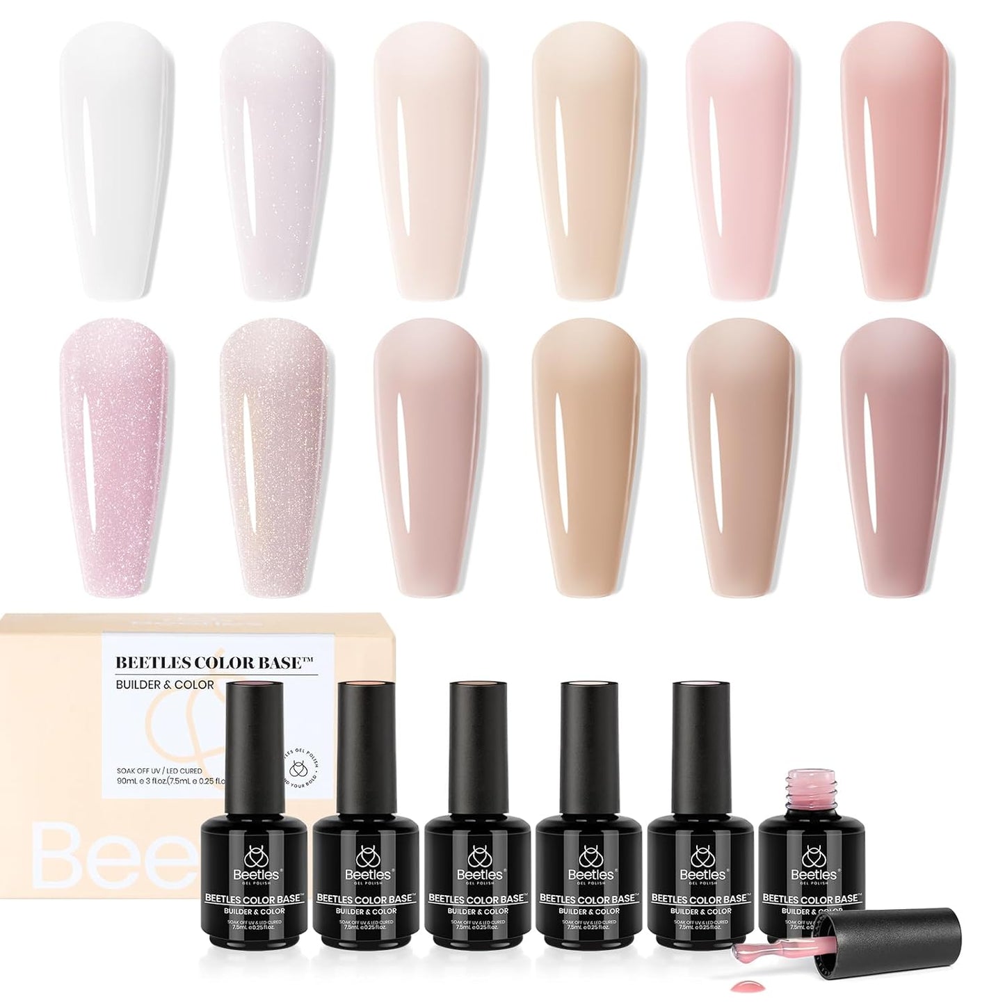 Beetles Base Color Gel Nail Polish Set - 6 Nude Shades | 5-in-1 Builder Rubber Base Coat for Strengthening Natural Nails