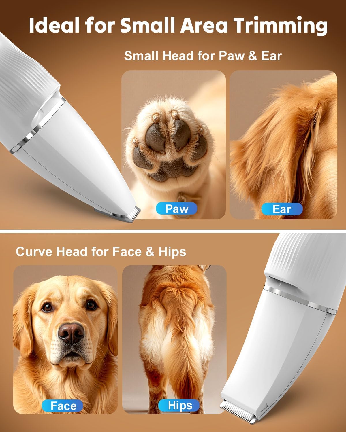 2-in-1 Dog Paw Trimmer - Quiet Cordless Clippers with 2 Speeds | Small Pet Grooming Tool for Paws, Eyes, Ears, Face, Rump - USB-C (White)