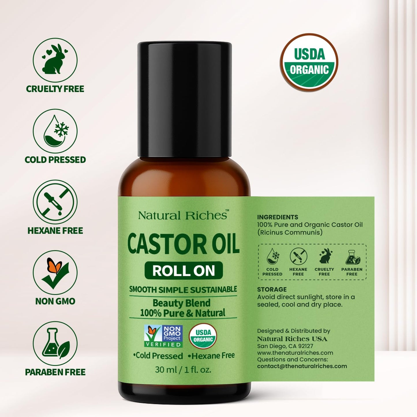 Organic Castor Oil Roll-On - 100% Pure, Cold Pressed, Hexane Free | 1 fl oz Glass Bottle with Roller Ball Applicator