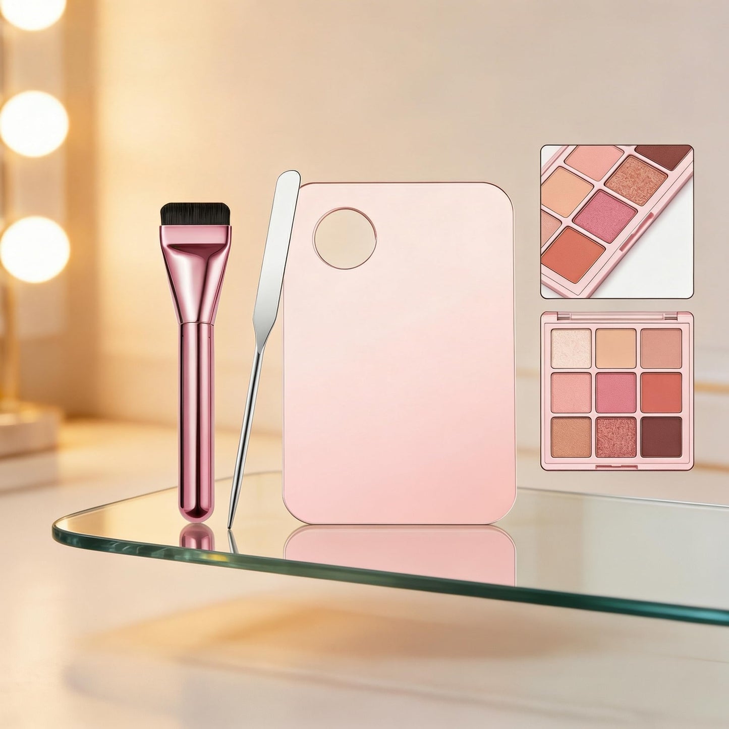 Foundation Makeup Brush with Mixing Palette and Spatula, 3-Piece Cosmetic Tool Set, Pink