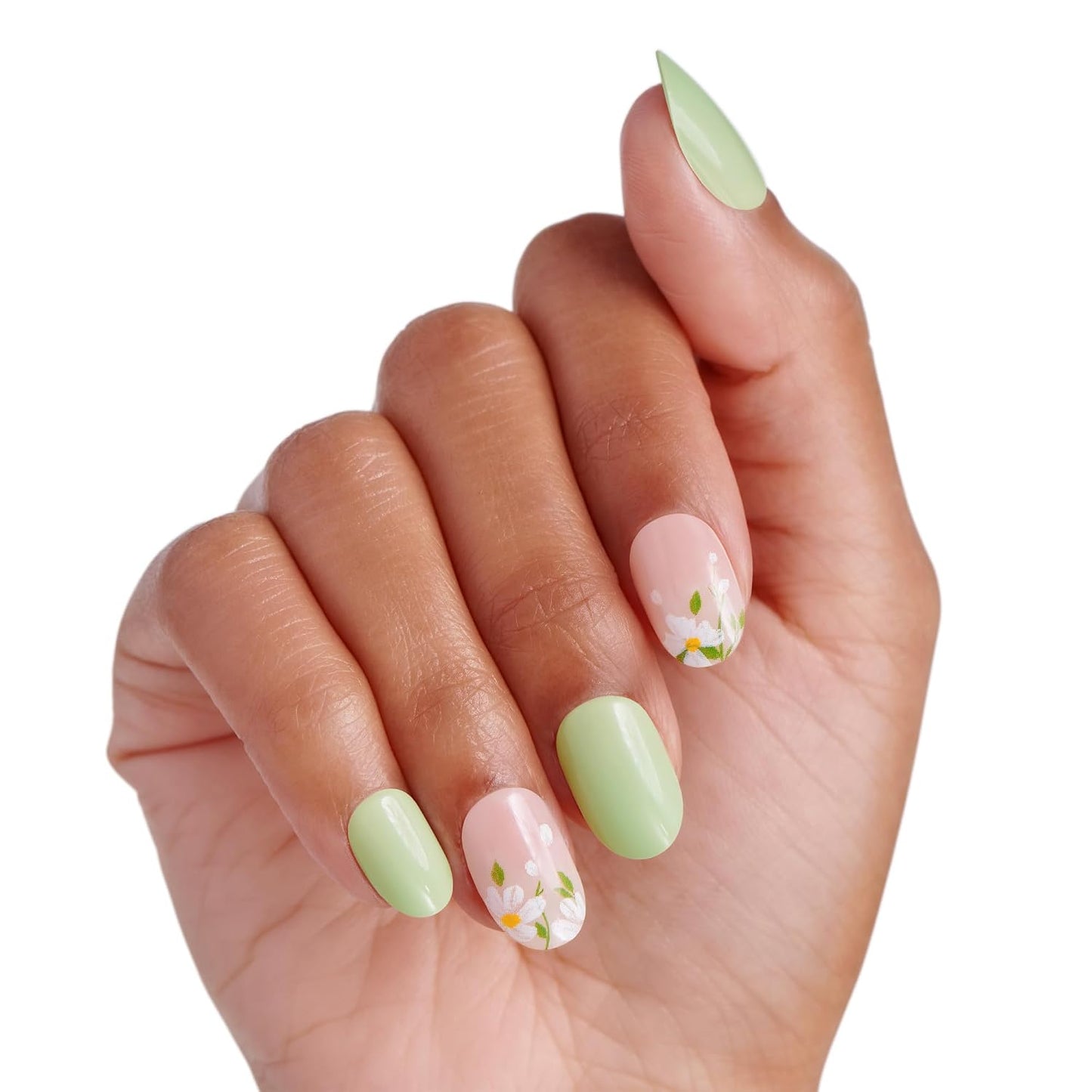 Kiss Impress No Glue Mani Press On Nails - Velvet Bunny Design, Green Oval Shape | Short Size, 30 Nails & Accessories