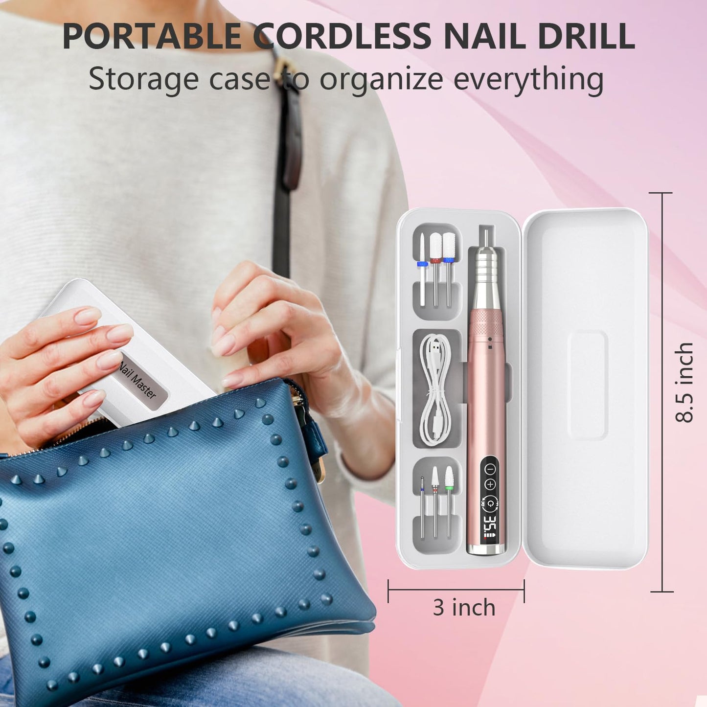 Kredioo Cordless Nail Drill 35000RPM Professional Electric File with Portable Travel Case for Home and Salon Nails Manicure Pedicure