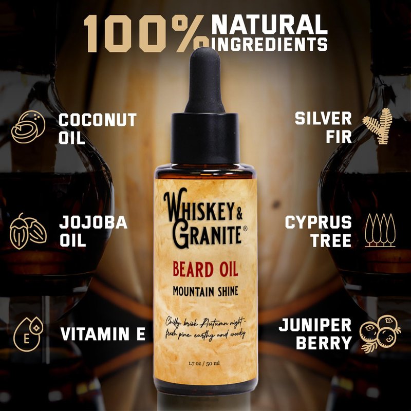 Whiskey & Granite Beard Oil – Made in USA - 100% Natural Beard Conditioner, 1.7 oz (Mountain Shine)