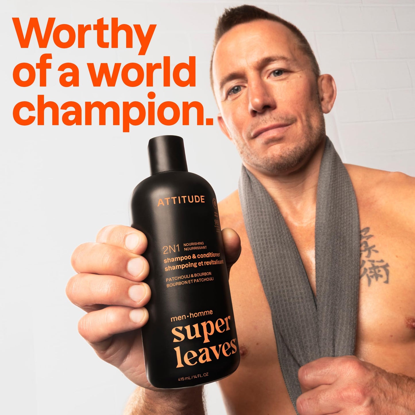 ATTITUDE Men's Shampoo and Conditioner 2-in-1, Nourishing For Dry Hair and Scalp, With Panthenol and Ginseng, 97% Natural Origin Ingredients, EWG Verified, Patchouli & Bourbon, 14 Fl Oz