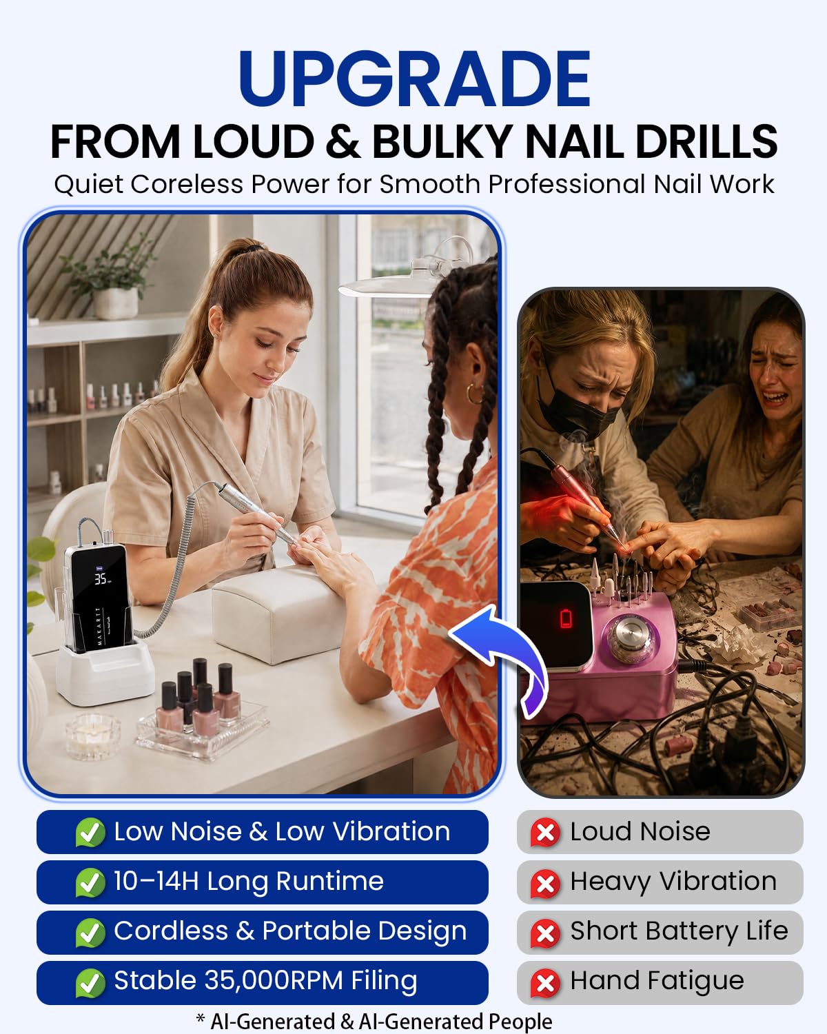 Makartt Nail Drill Professional, 35,000RPM Electric Nail File for Acrylic & Gel Removal, 60W Coreless Motor, 2-in-1 Desktop & Portable, LCD Display, Rechargeable, Quiet, F&R, Nouvella Black