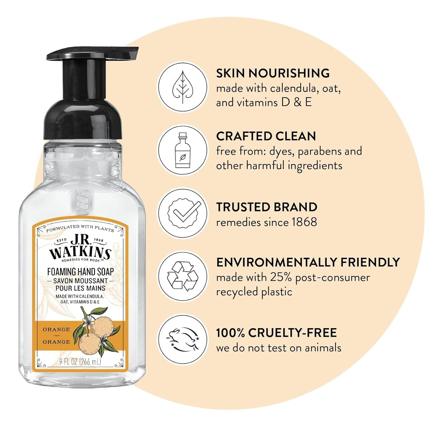 J.R. Watkins Foaming Hand Soap Pump with Dispenser, Moisturizing Hand Soap Foam, Alcohol-Free and Cruelty-Free, Use for Kitchen or Bathroom, Orange, 9 fl oz, 3 Pack