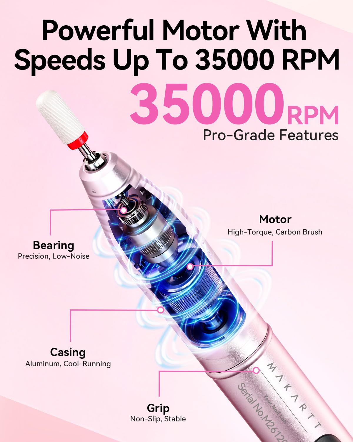 Electric Nail Drill - Rechargeable 35000 RPM Professional Efile | Cordless Nail Machine for Acrylic Gel Polish, Lightweight & Portable
